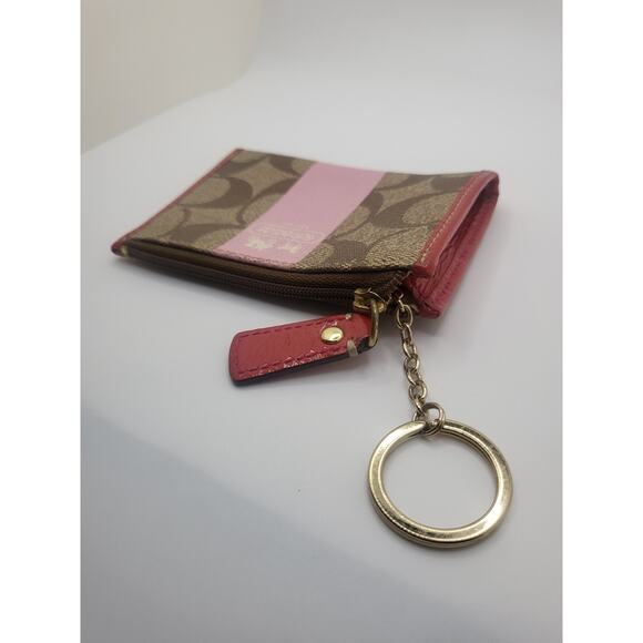 COACH Card Coin ID Case Holder With Key Chain Tan & Pink Leather Fabric Lining - Picture 7 of 7